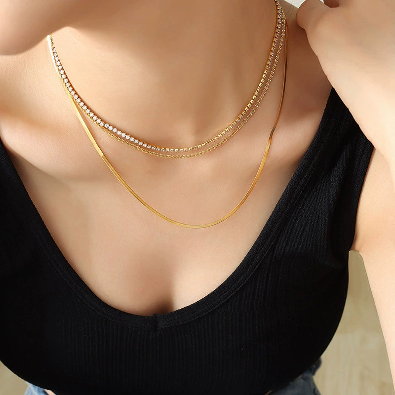 Stainless Steel Layered Snake Chain Cubic Zirconia Necklace