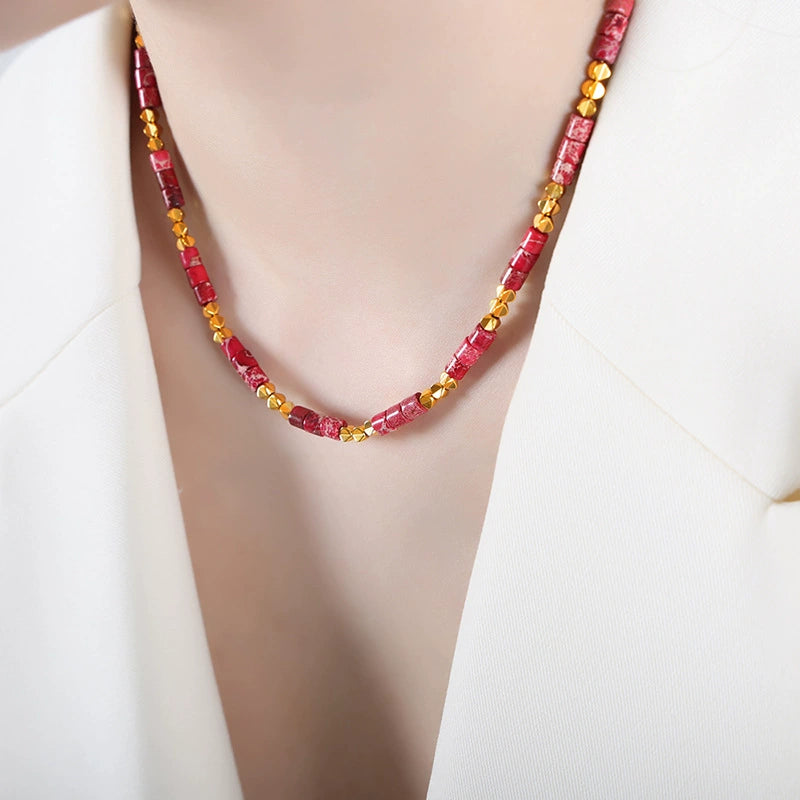 Cylindrical Natural Stone Beaded Necklace