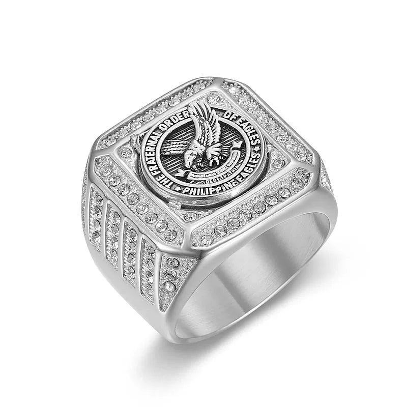 Stainless Steel Inlay CZ Square Eagle Ring