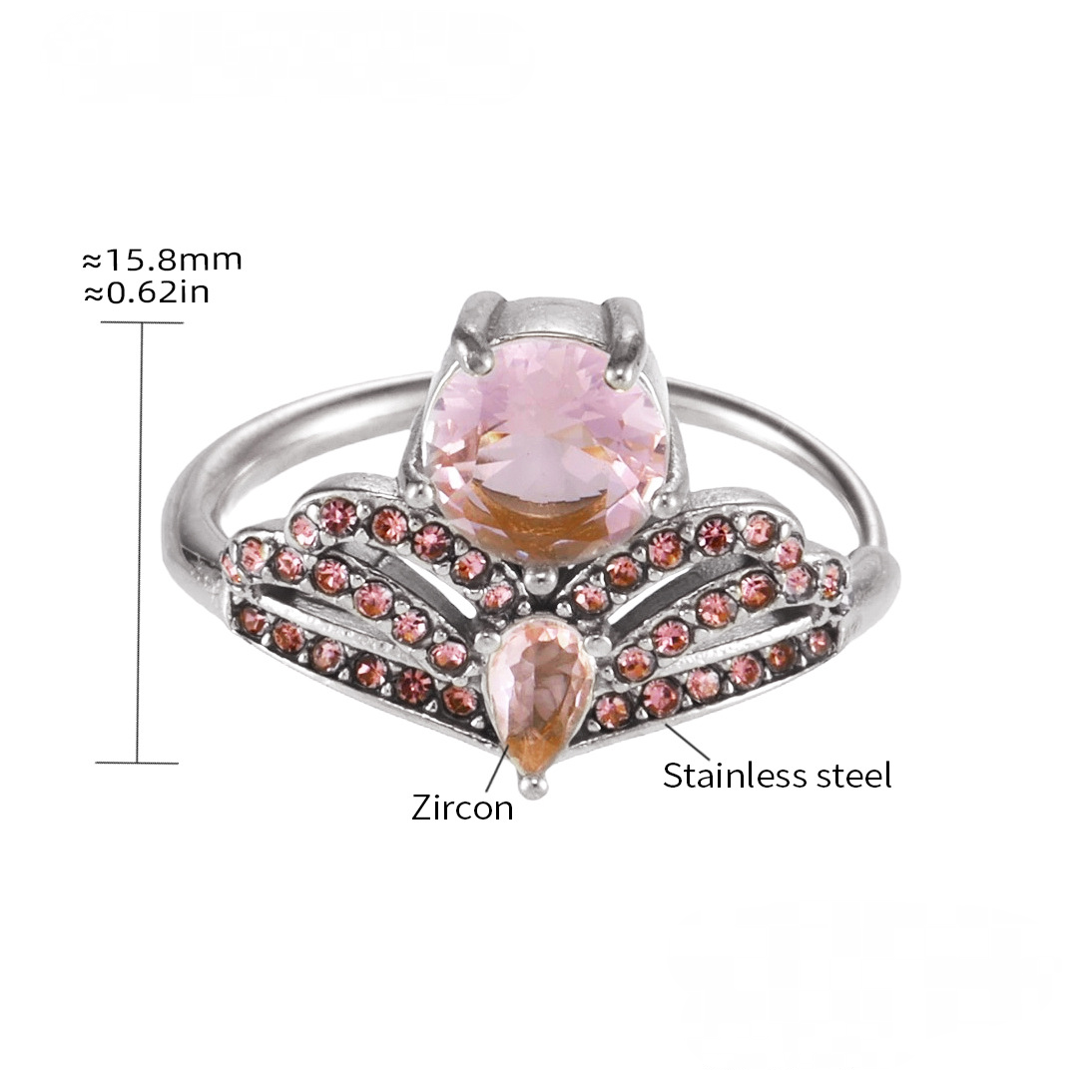 Bague manchette en acier inoxydable en forme de couronne avec zircone cubique