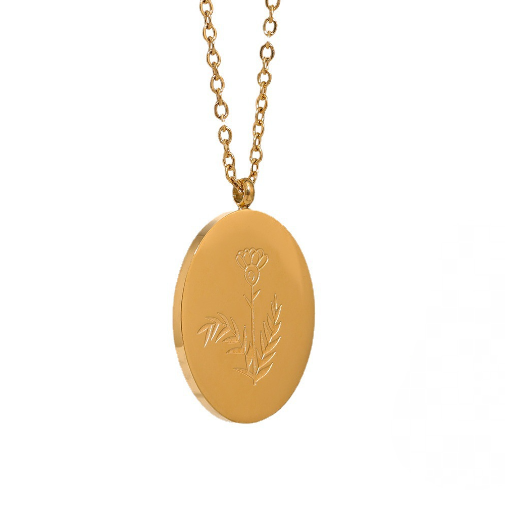 Stainless Steel Oval Birth Flower Pendant Necklace