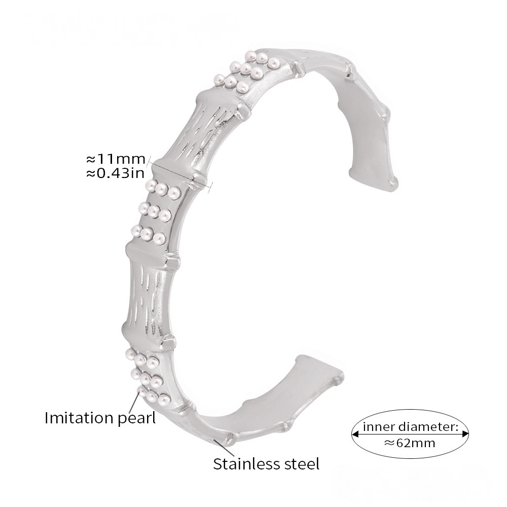 Stainless Steel Bamboo Shape Inlay Imitation Pearl Cuff Bracelet