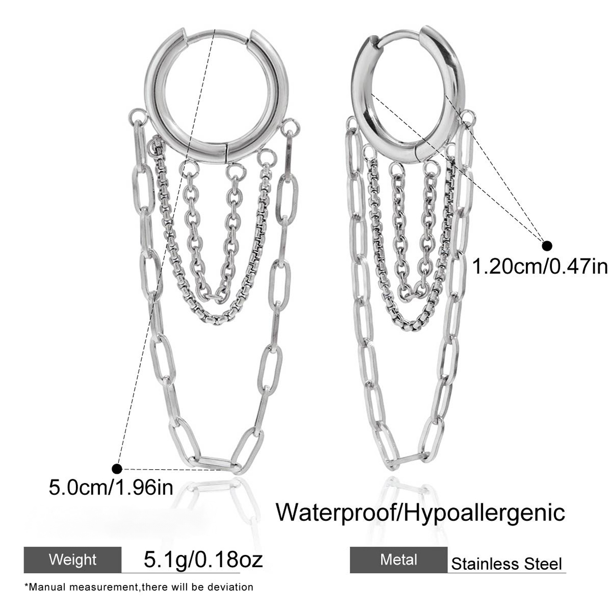 Stainless Steel Double-loop Tassel Chain Huggie Earrings