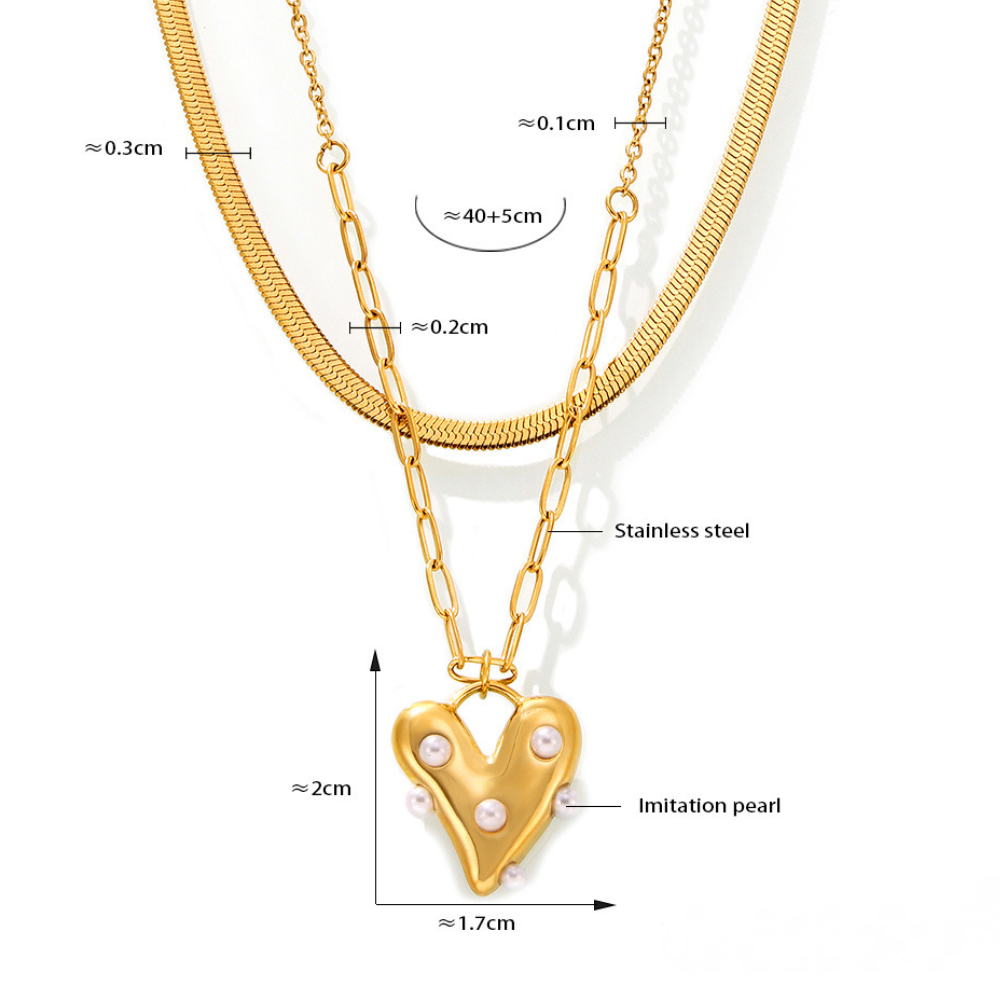 Heart Inlay Imitation Pearl Necklace Bracelet Earrings Ring Jewelry Suit
