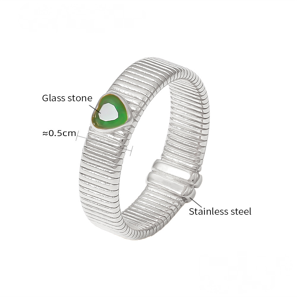 Stainless Steel Heart Shape Glass Stone Texture Ring