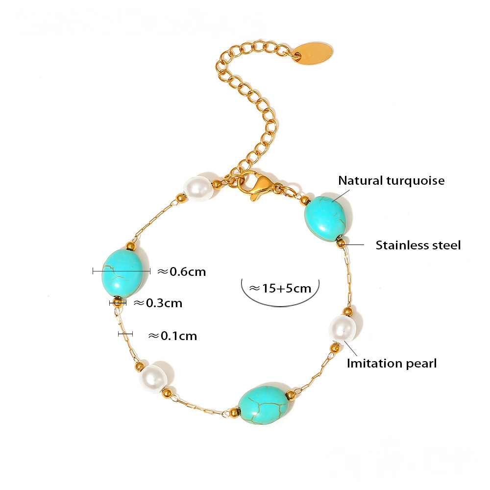 Natural Blue Turquoise Imitation Pearl Beaded Necklace Bracelet Jewelry Suit