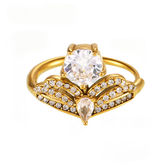 Stainless Steel Crown Shape Cubic Zirconia Cuff Ring