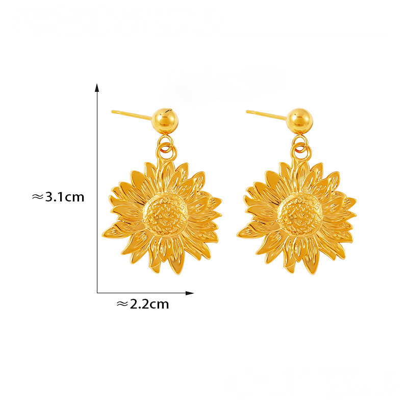 Stainless Steel Textured Sunflower Drop Earrings