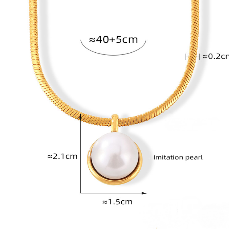 Stainless Steel Round Imitation Pearl Tiger Eye Stone Pendant Necklace