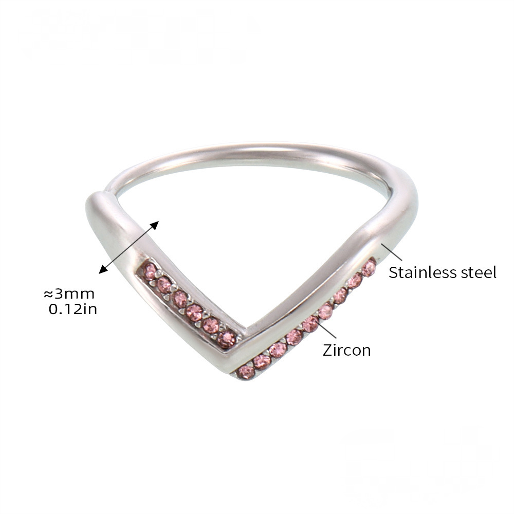 Bague ajustable en acier inoxydable avec zircone cubique en forme de V