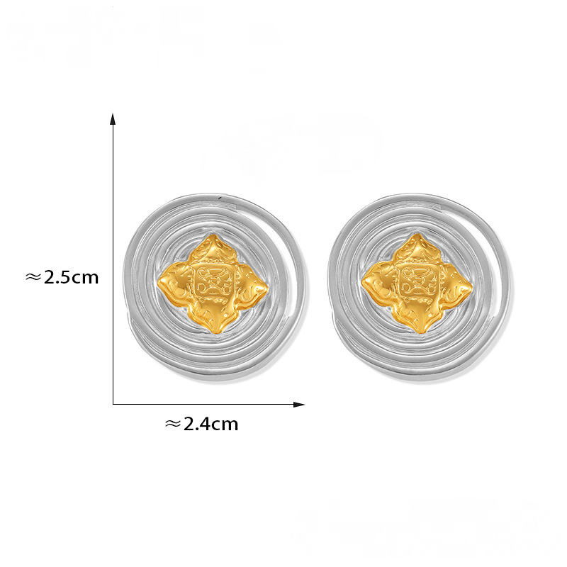 18K Gold PVD Design Textured Round Stainless Steel Stud Earrings