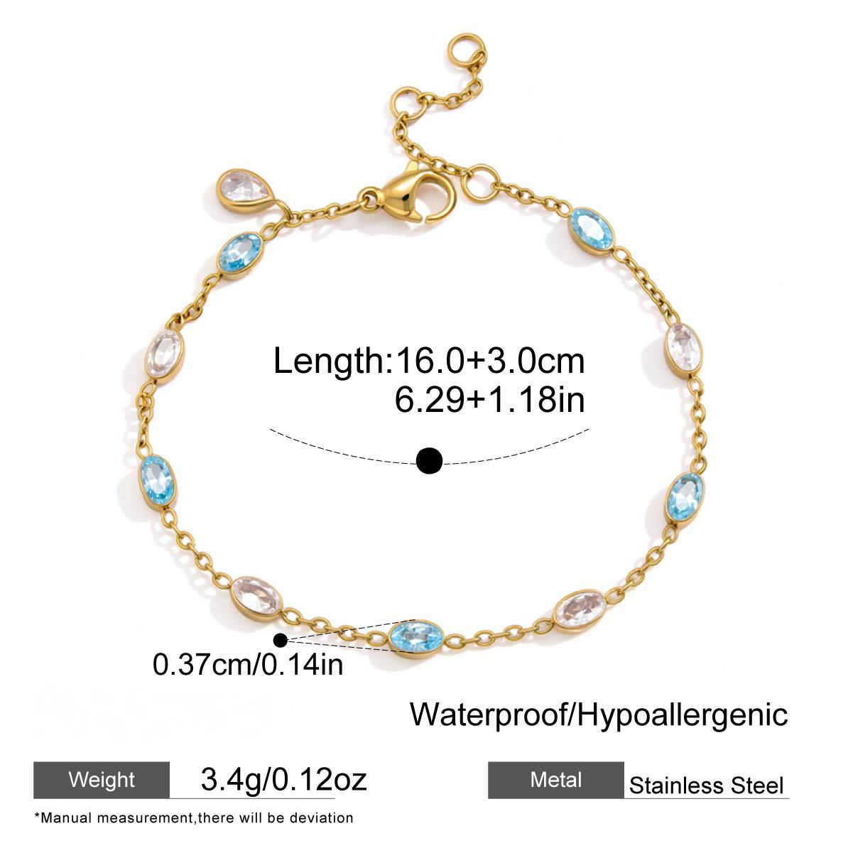 Stainless Steel Blue Water Drop Cubic Zirconia Pendant Bracelet