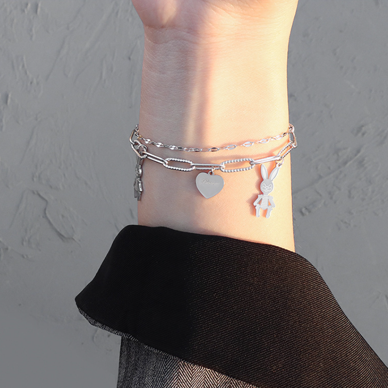 Rabbit Heart Pendant Stainless Steel Stackable Bracelet