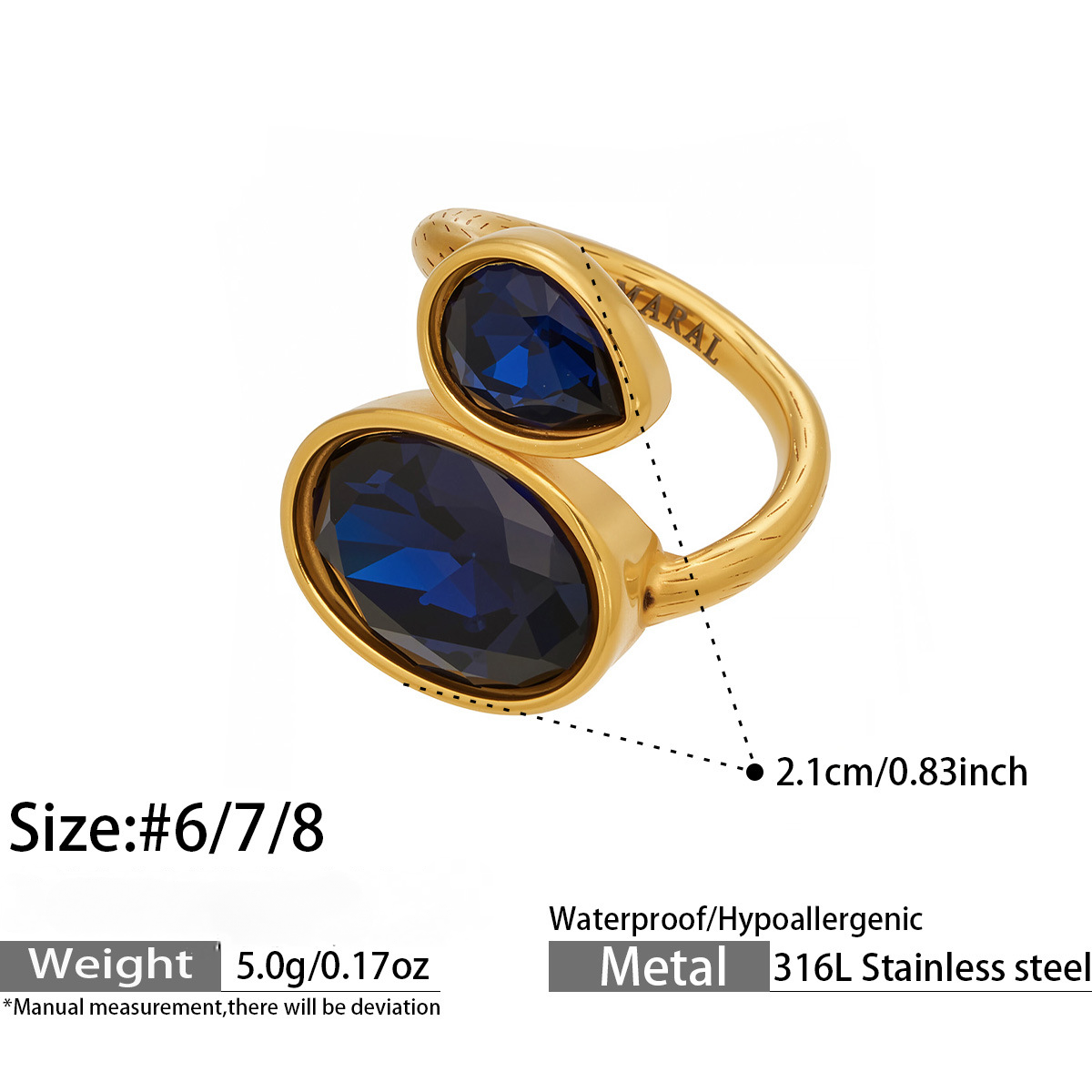 Stainless Steel Colored Glass Stone Ring
