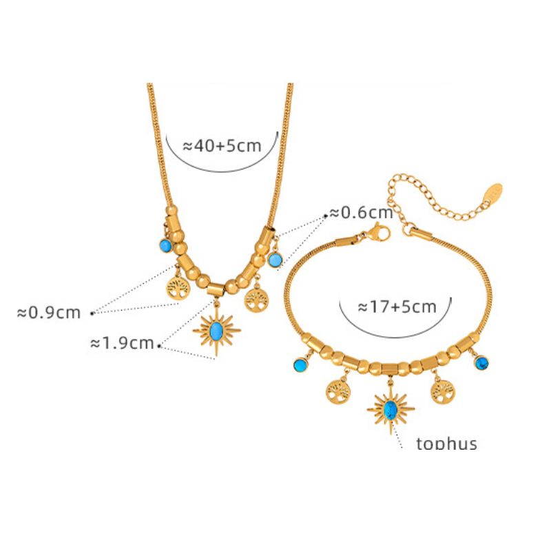 Stainless Steel Sun Tree Pattern Pendant Necklace Bracelet Jewelry Suit