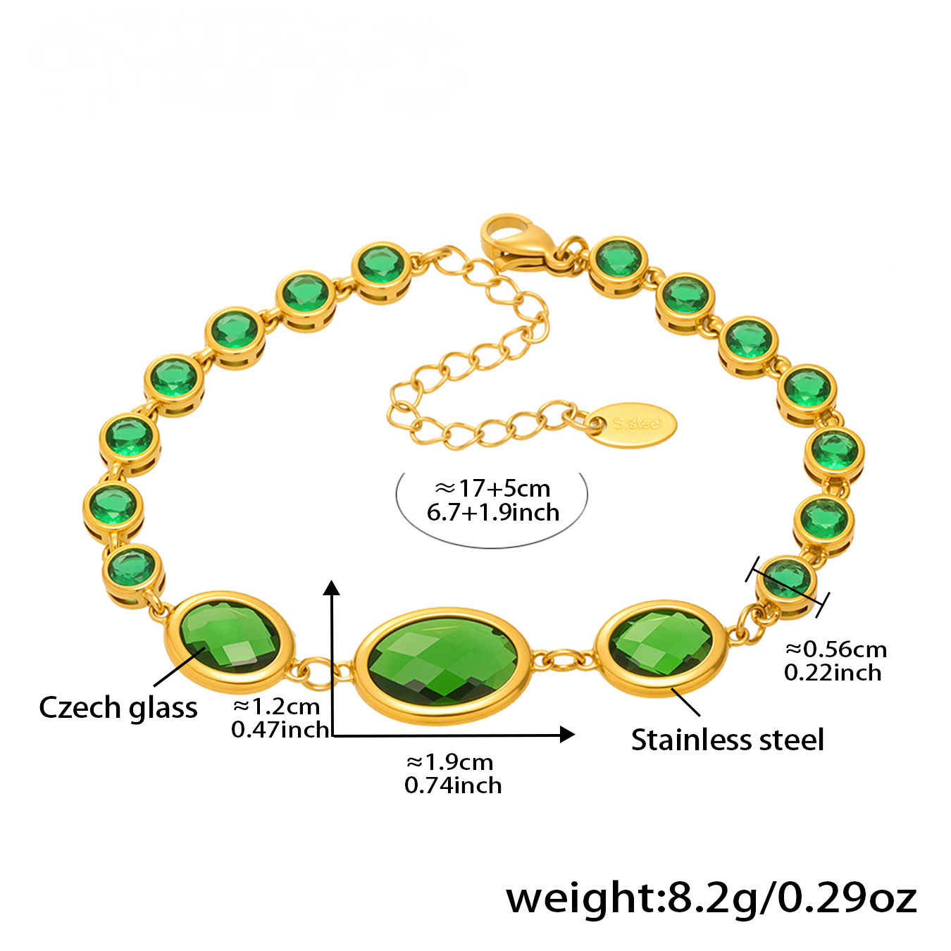 Stainless Steel 18K Gold PVD Oval Cut Crystal Glass Bracelet