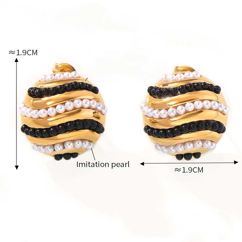 Stainless Steel Round Inlay Black White Beads Stud Earrings