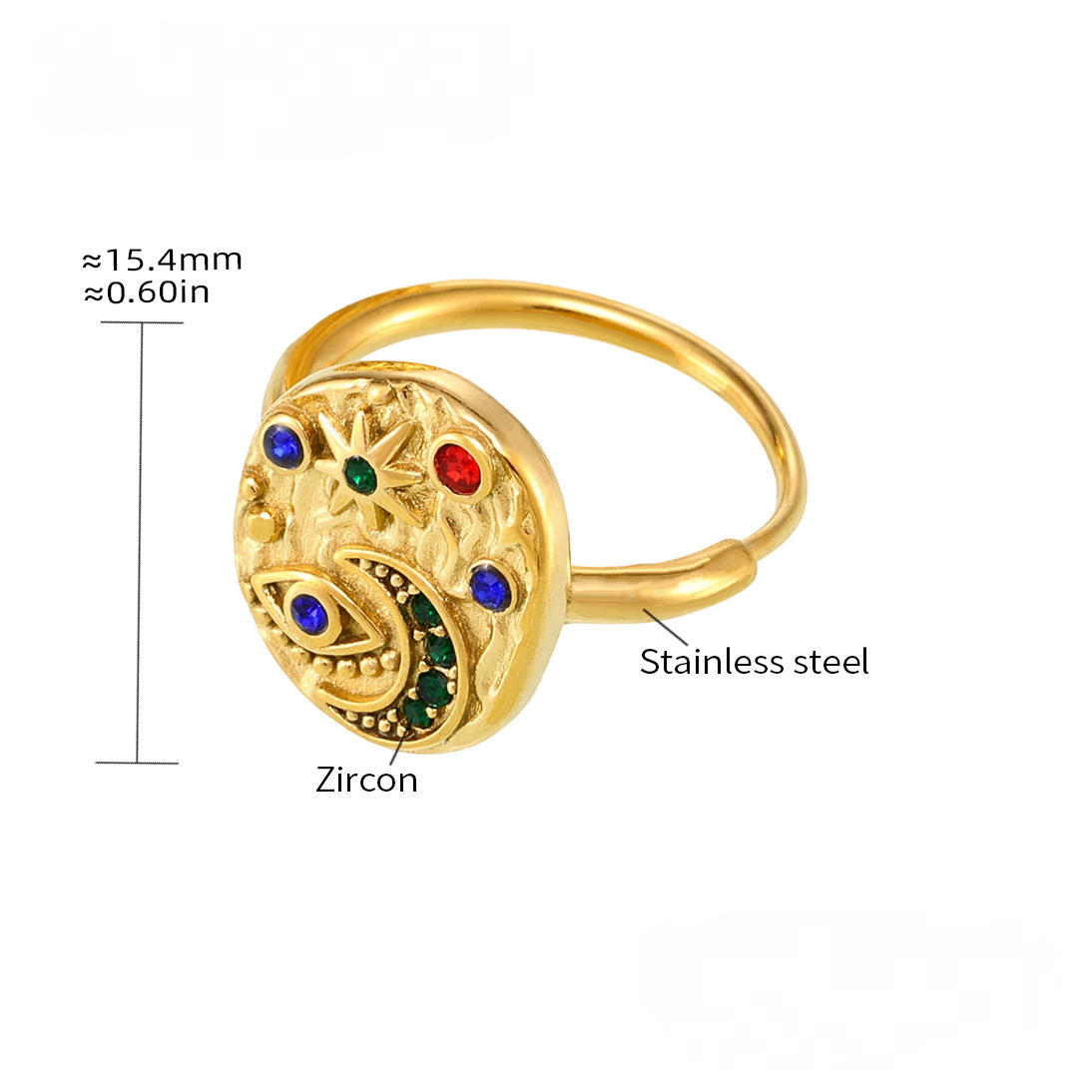 Stainless Steel Star and Moon Inlay Cubic Zirconia Ring