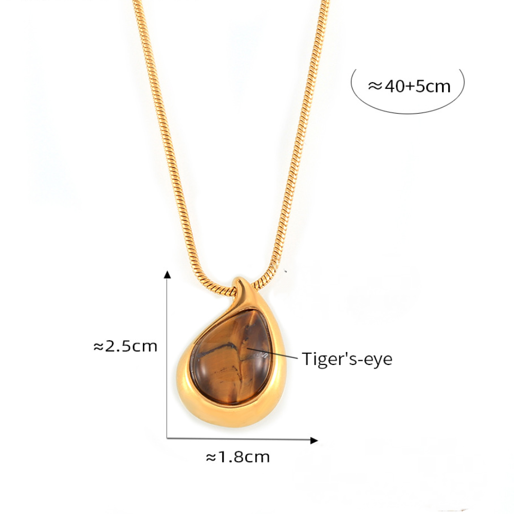 Water Drop Shaped Inlay Tiger Eye Stone Pendant Stainless Steel Necklace