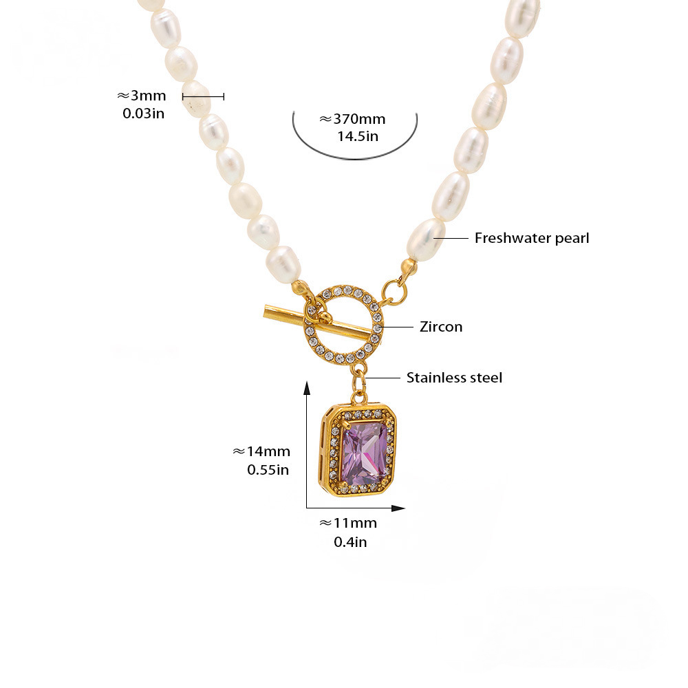 Stainless Steel Square Cubic Zirconia OT Buckle Freshwater Pearl Necklace