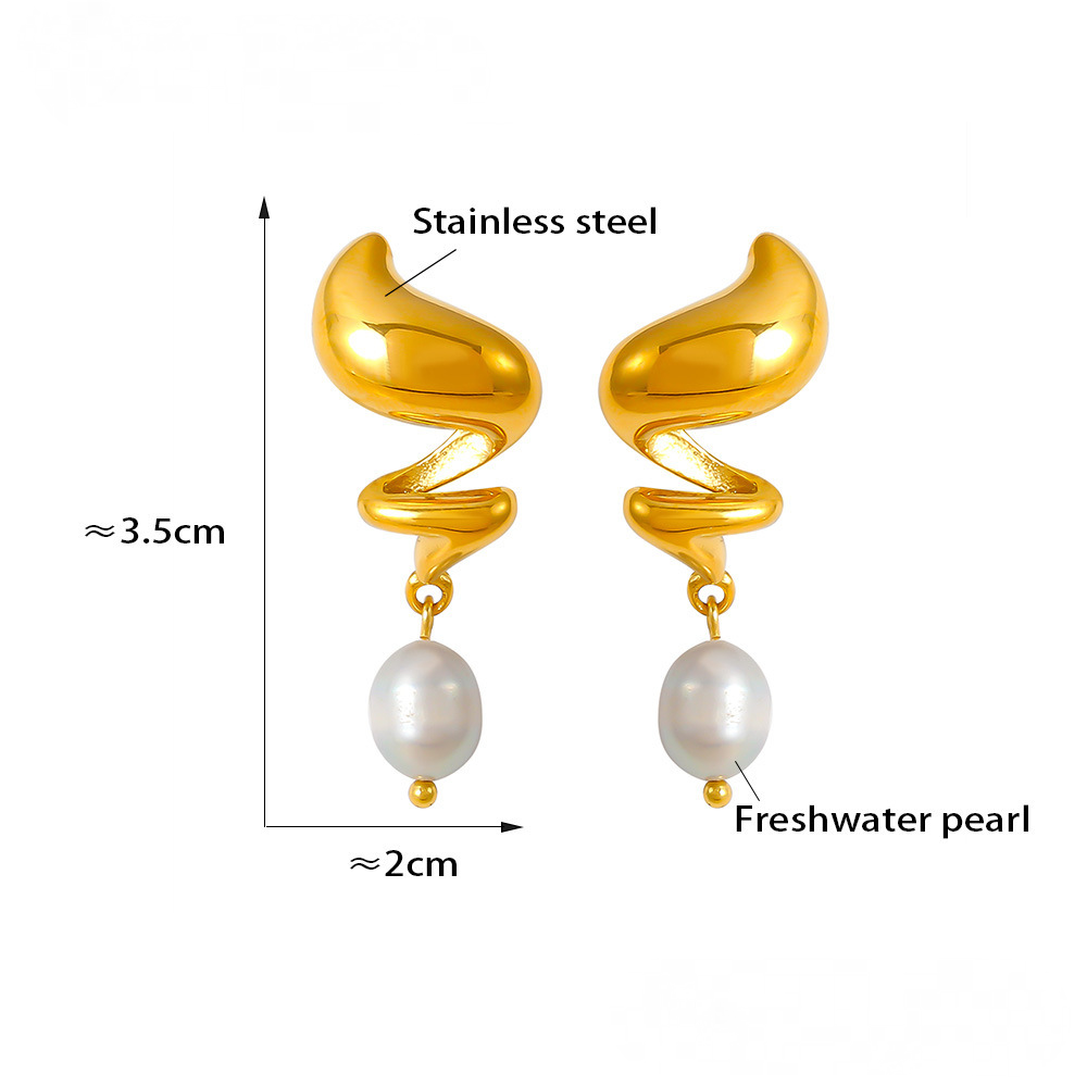 Stainless Steel Spiral Freshwater Pearl Drop Earrings