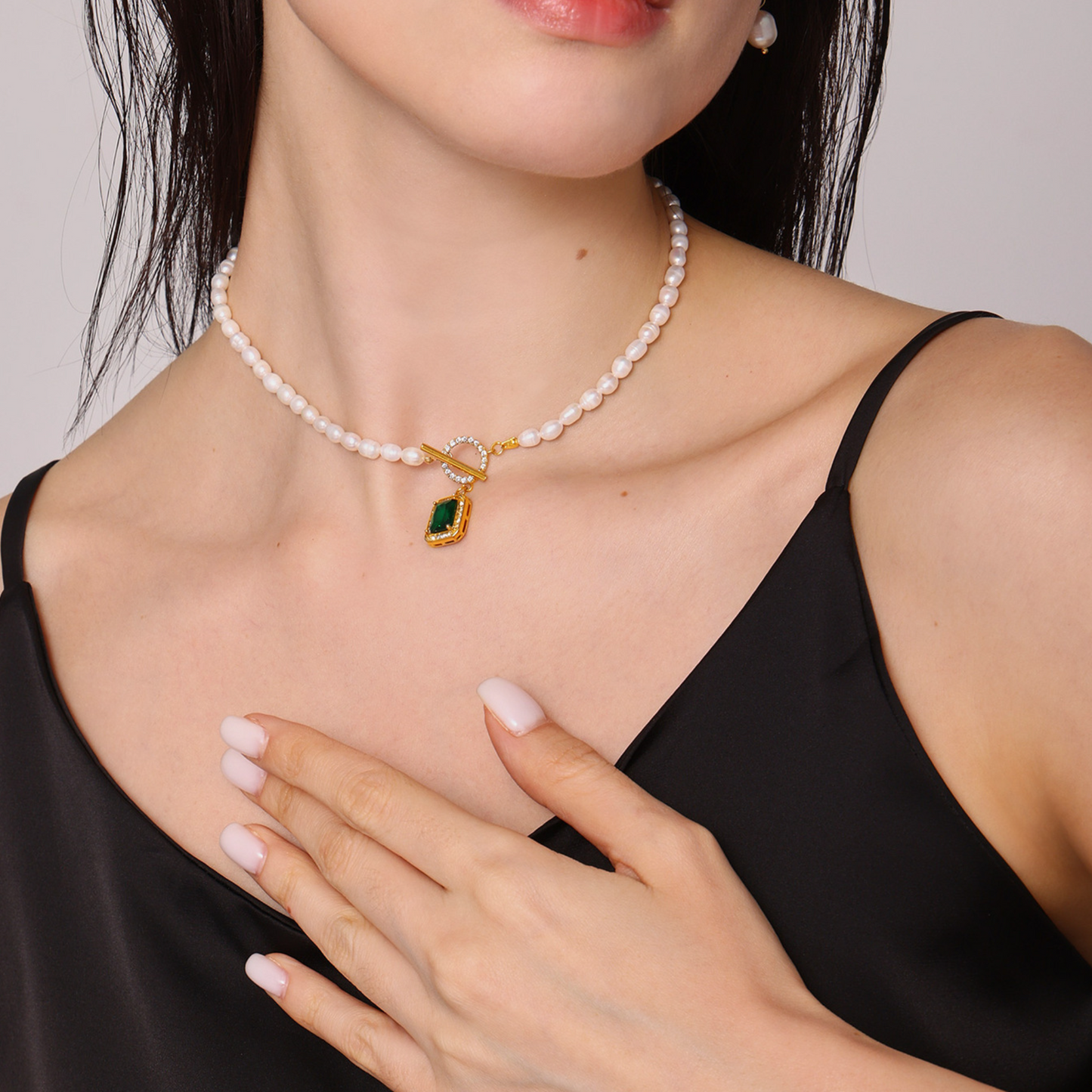 Stainless Steel Square Cubic Zirconia OT Buckle Freshwater Pearl Necklace