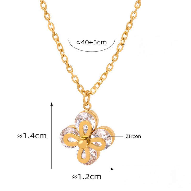 Four-leaf Clover Pendant Inlay Cubic Zirconia Stainless Steel Necklace