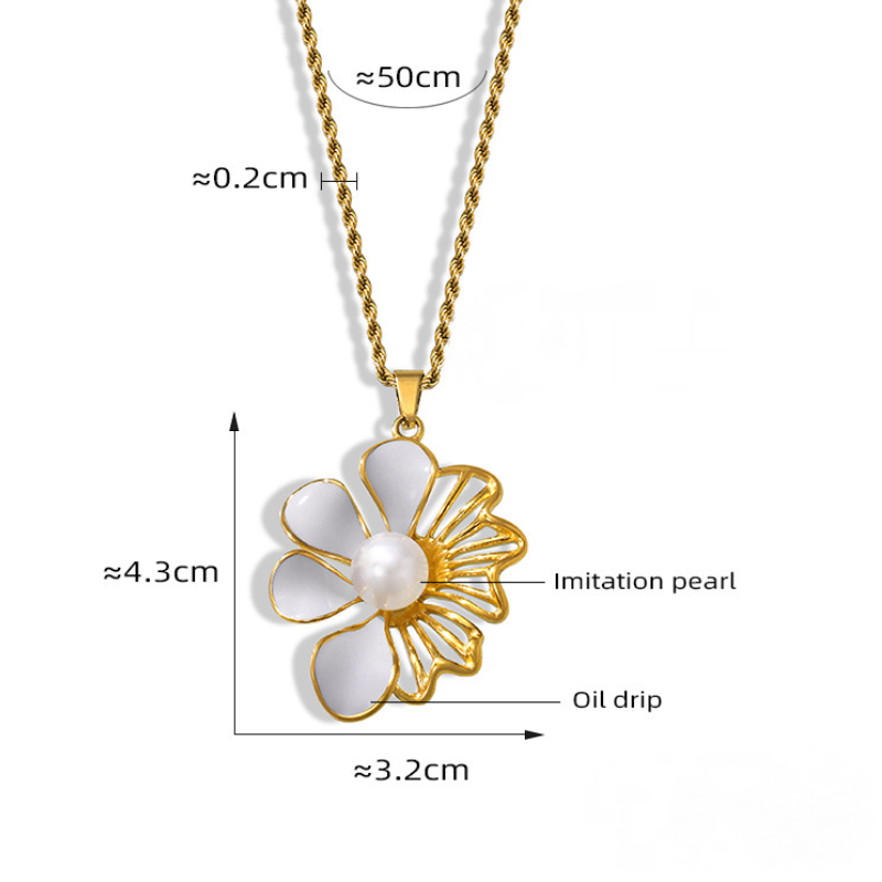 Collier avec pendentif en forme de fleur en acier inoxydable et perle unique