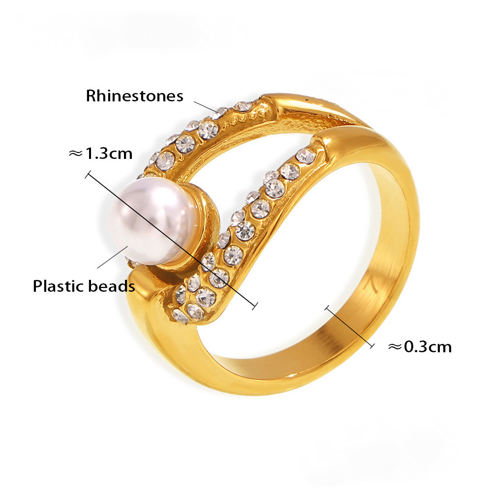 Stainless Steel Imitation Pearl Inlay Rhinestone Hollow Ring