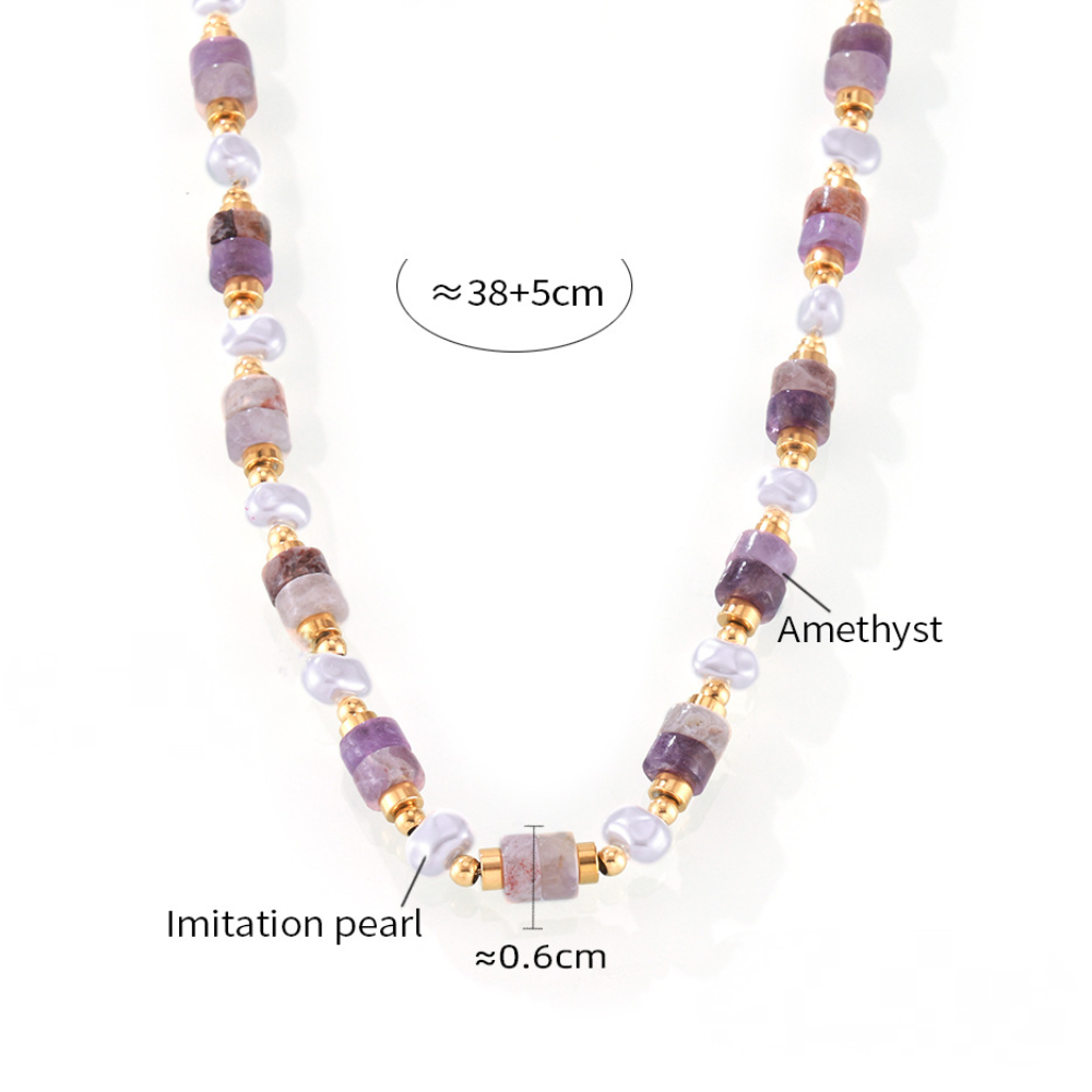 Stainless Steel Imitation Pearl Amethyst Beaded Necklace