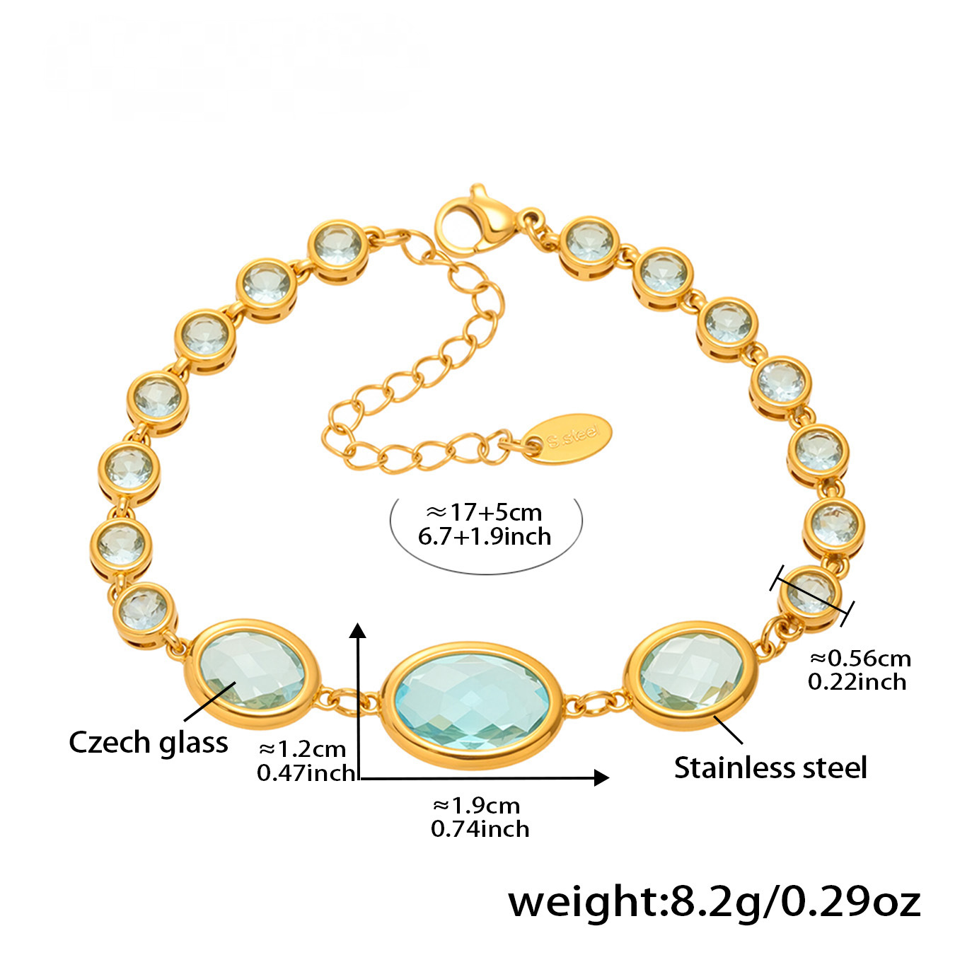 Stainless Steel 18K Gold PVD Oval Cut Crystal Glass Bracelet