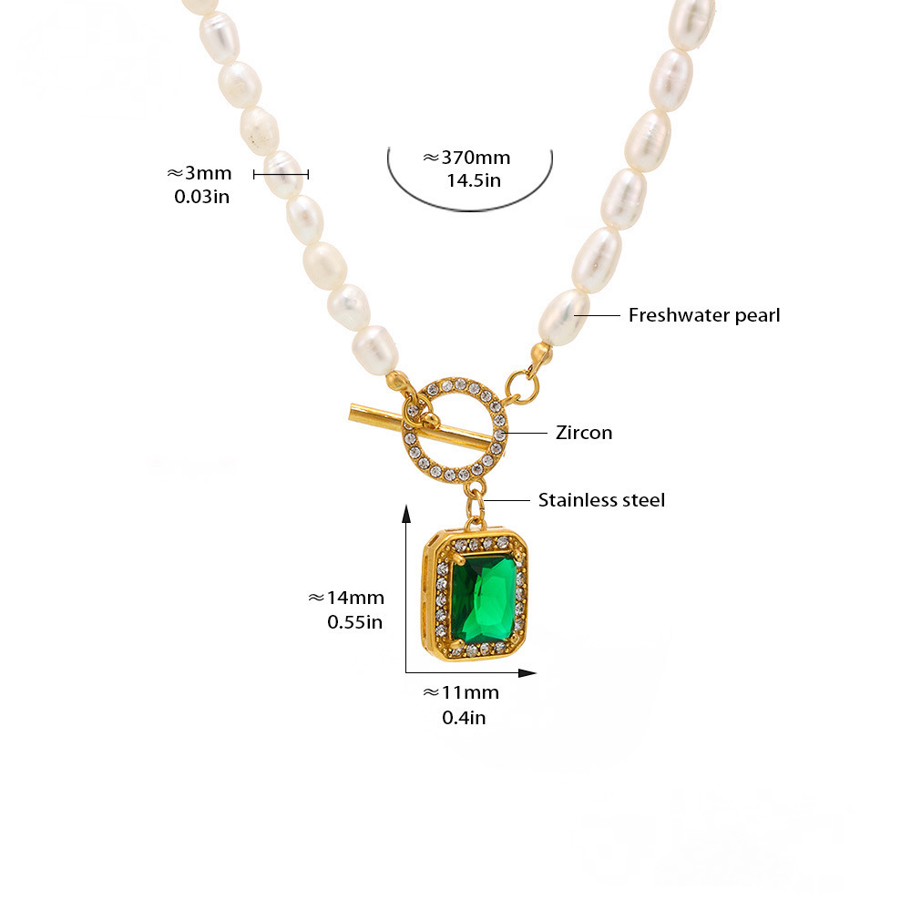 Stainless Steel Square Cubic Zirconia OT Buckle Freshwater Pearl Necklace
