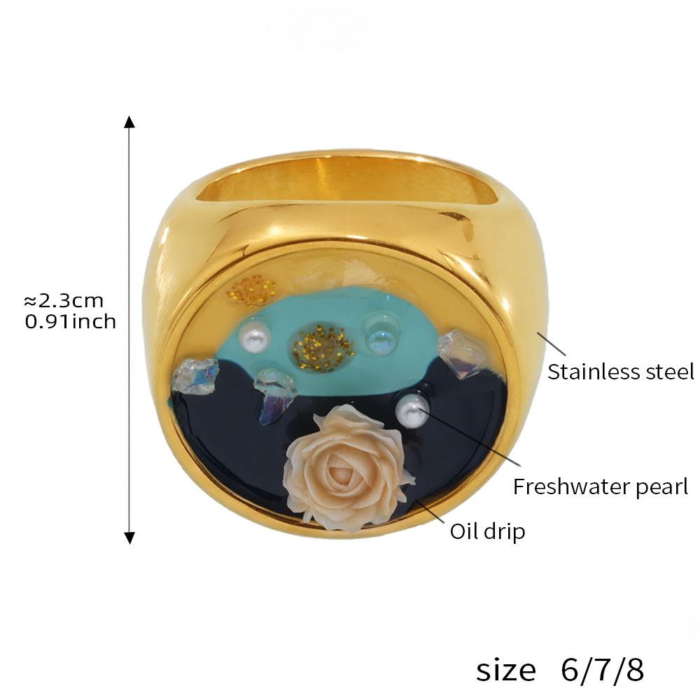 Oil Painting Style Flower Freshwater Pearl Ring Necklace Jewelry Suit