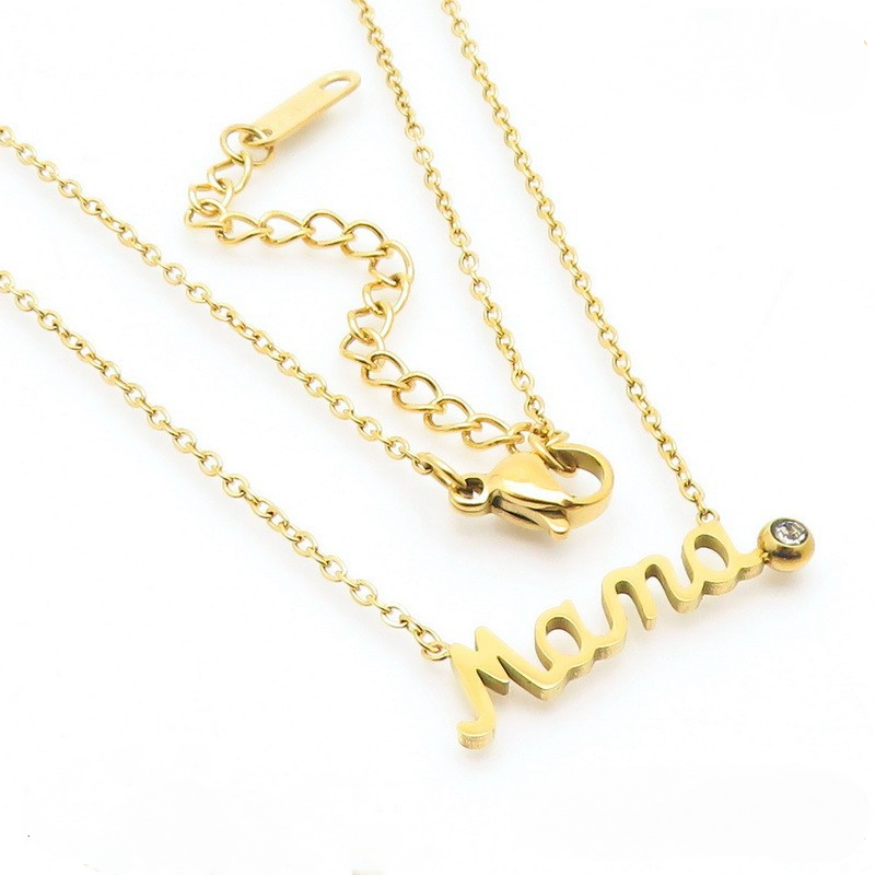 Stainless Steel Mama Letter Round Cubic Zirconia Pendant Necklace