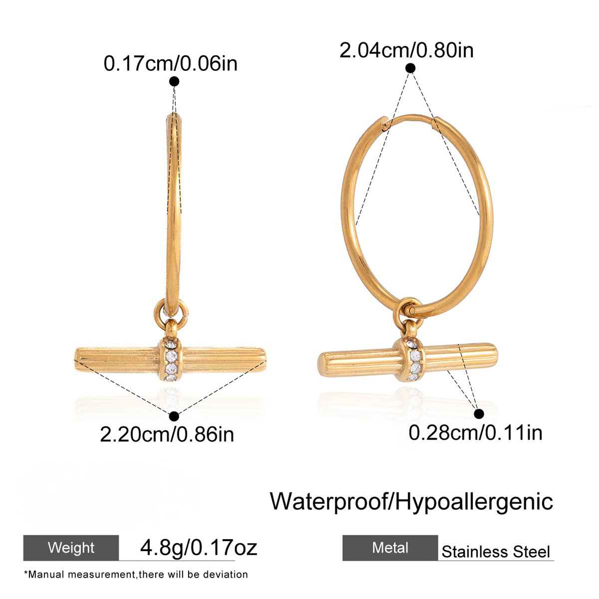Stainless Steel T-bar CZ Pendant Necklace Earrings Bracelet Jewelry Set