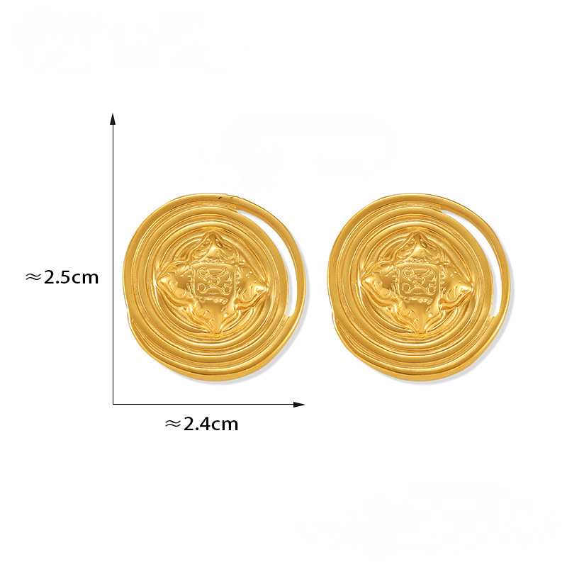 18K Gold PVD Design Textured Round Stainless Steel Stud Earrings
