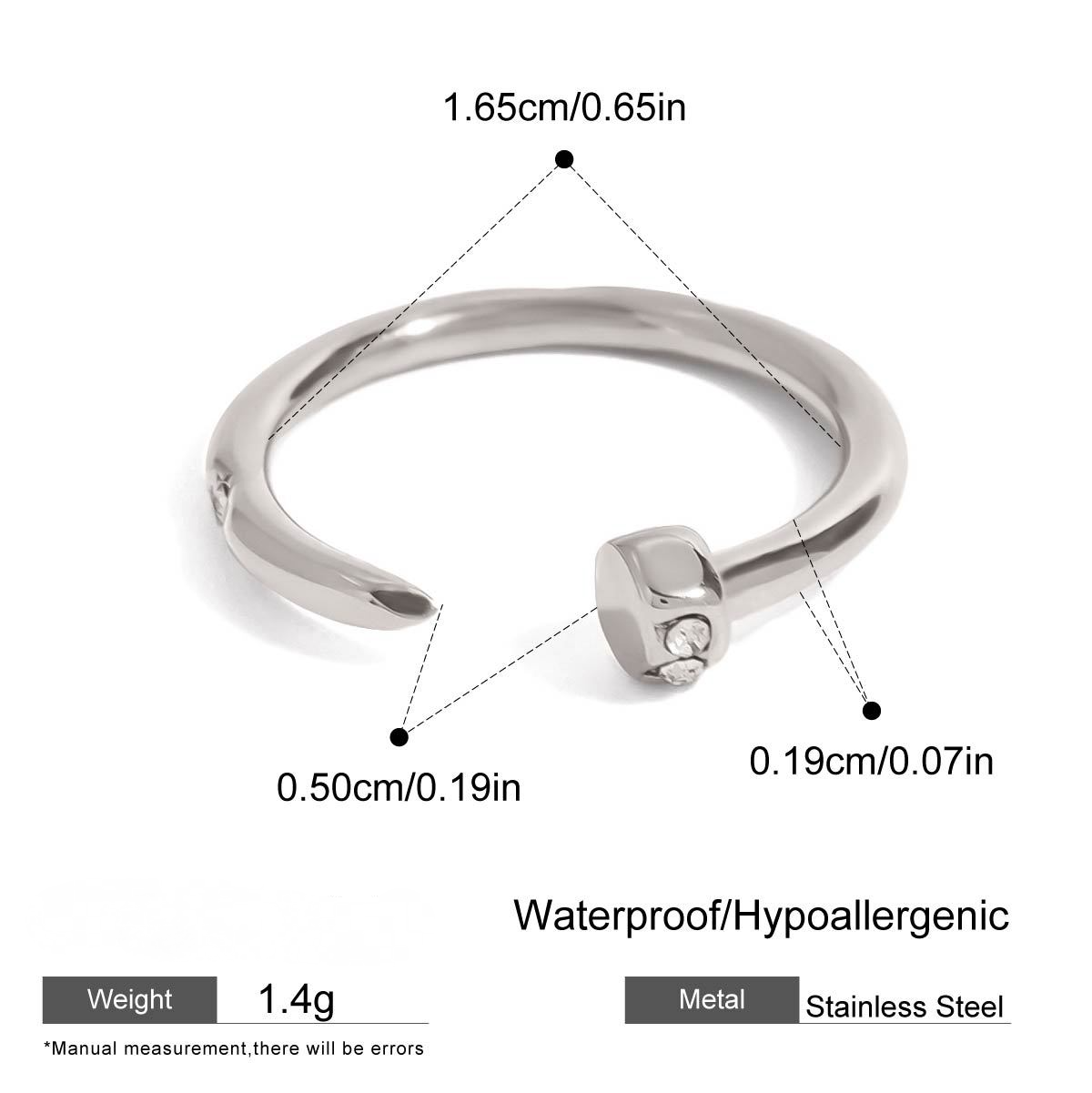 Stainless Steel Nail Cubic Zirconia Open Ring