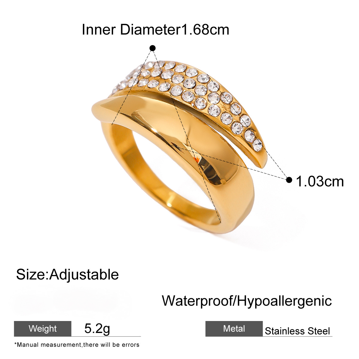 Stainless Steel 18K Gold PVD Diamond-set Open Ring