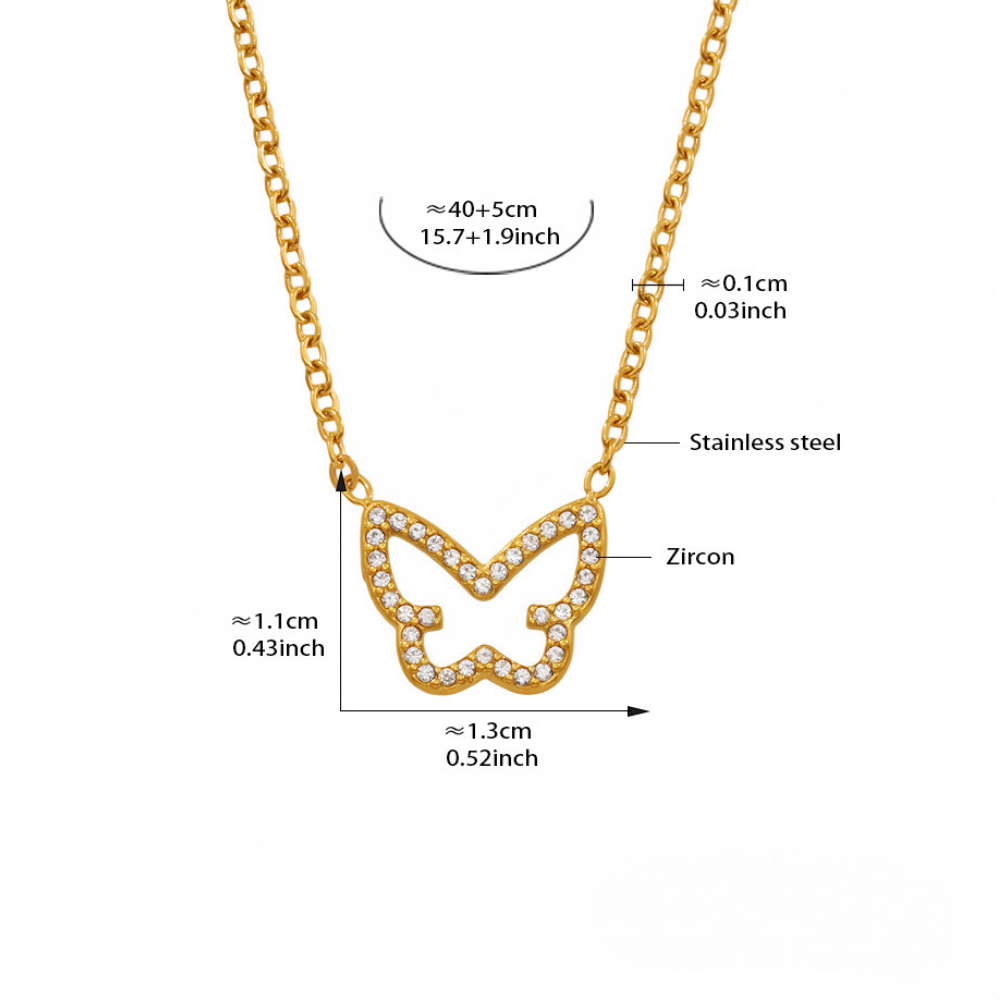 Stainless Steel Hollow Butterfly Shape Inlay Cubic Zirconia Necklace