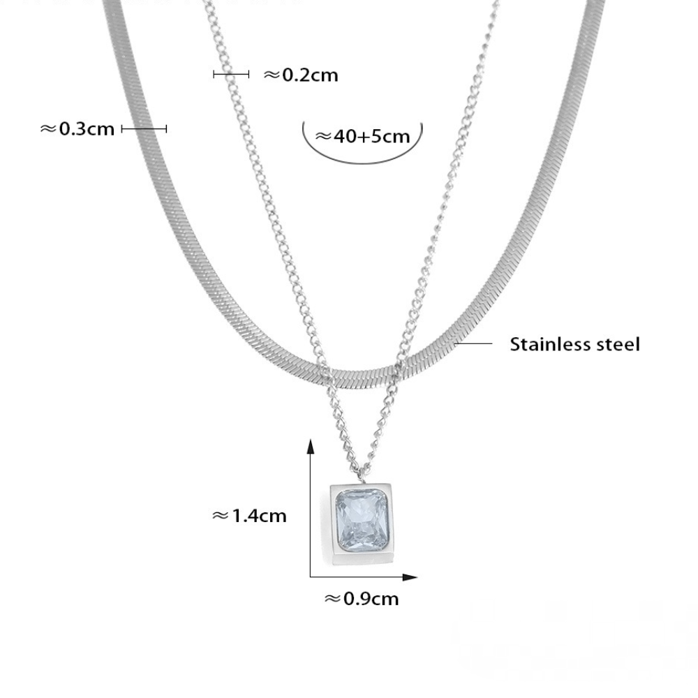 Stainless Steel Layered Square Inlay Cubic Zirconia Pendant Necklace
