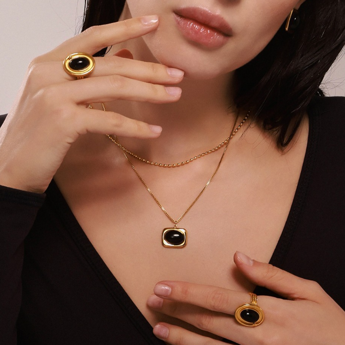 Natural Black Agate Earrings Necklace Ring Jewelry Suit