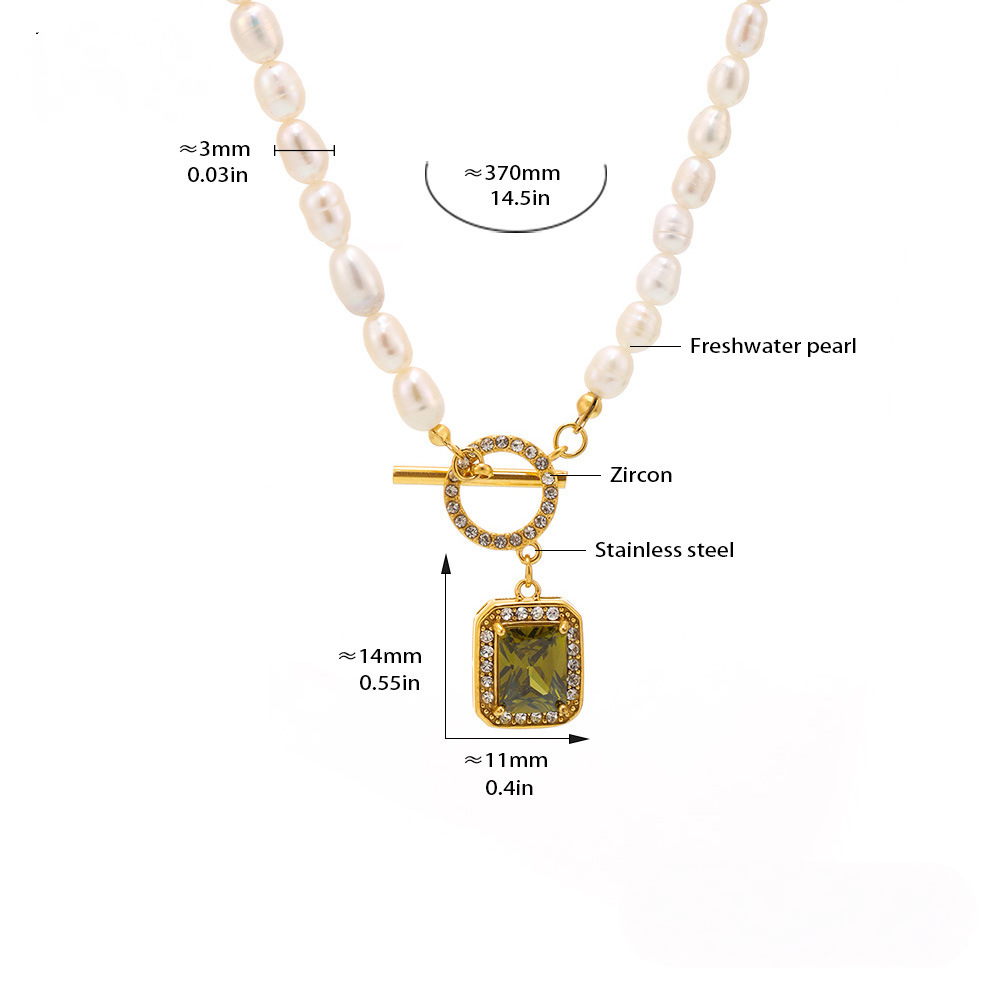 Stainless Steel Square Cubic Zirconia OT Buckle Freshwater Pearl Necklace