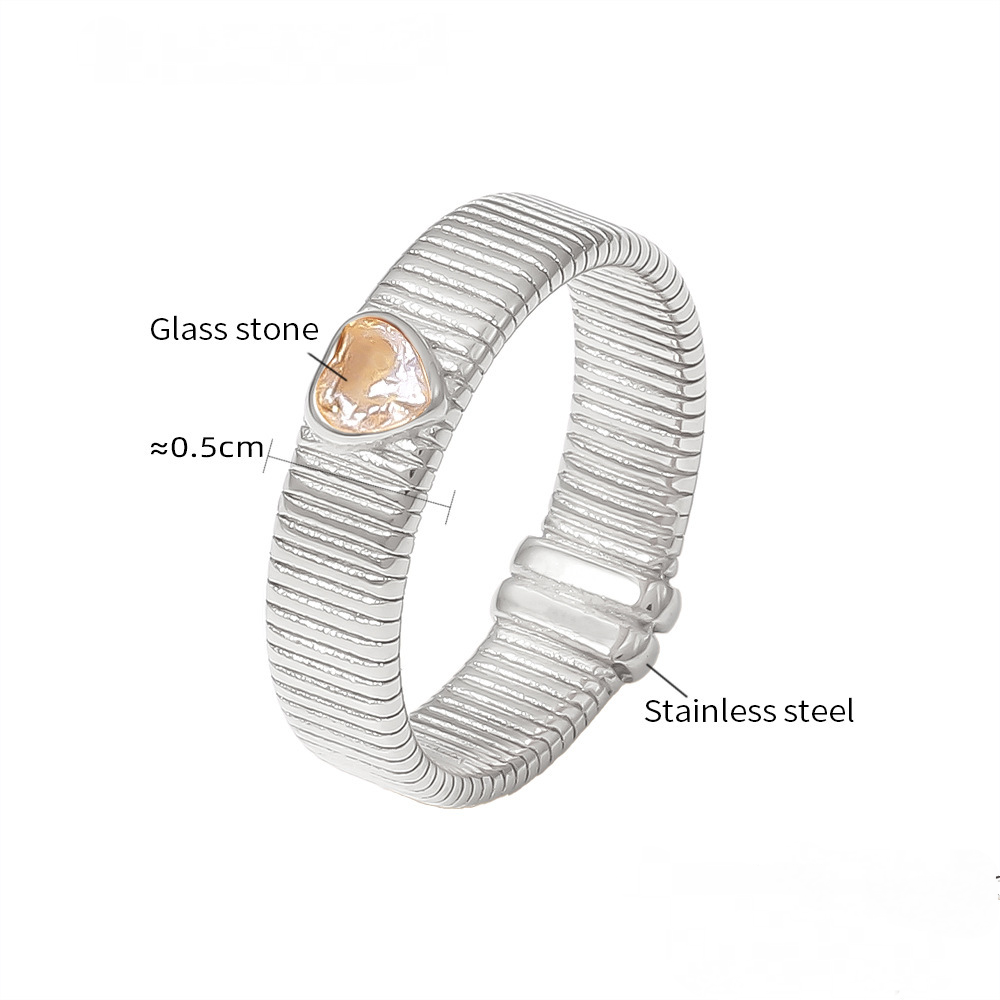 Stainless Steel Heart Shape Glass Stone Texture Ring