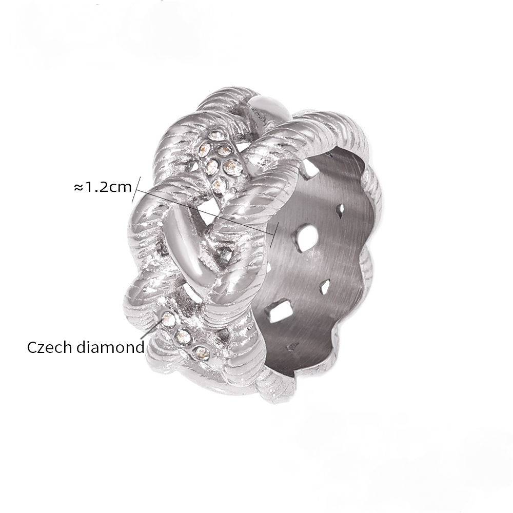 Stainless Steel Vintage Twisted Rope Inlay Czech Diamond Ring