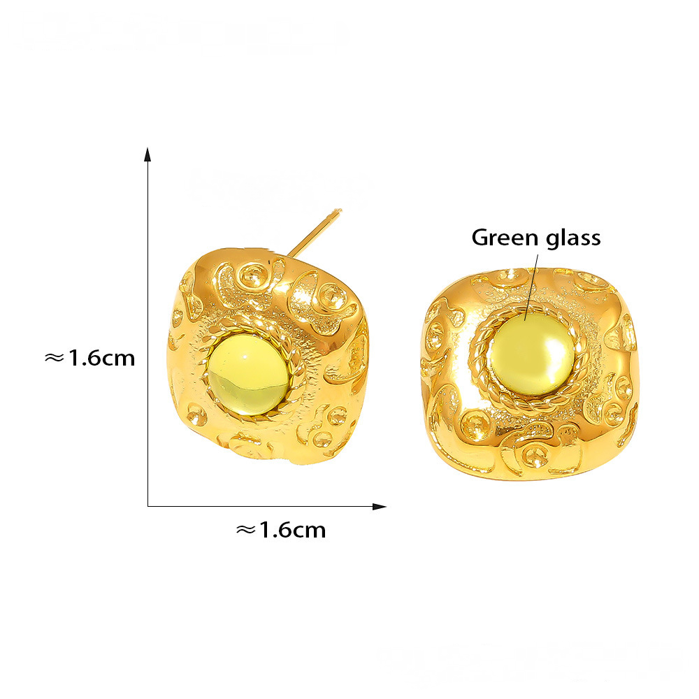 Threaded Green Glass Stainless Steel Earrings Ring Jewelry Suit