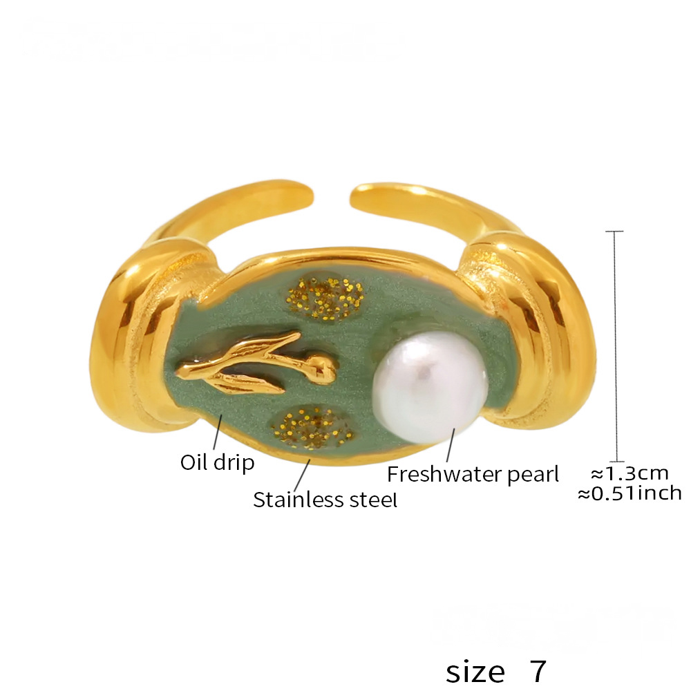 Stainless Steel Imitation Pearl Flower Relief Cuff Oil Drip Ring