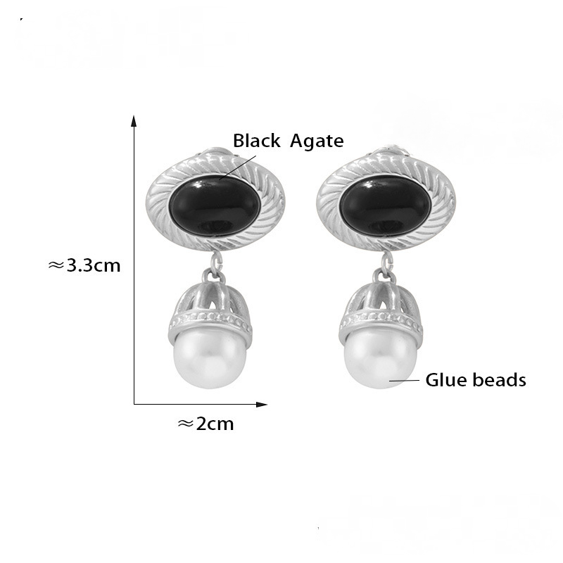 Stainless Steel Vintage Black Agate Imitation Pearl Tassel Drop Earrings