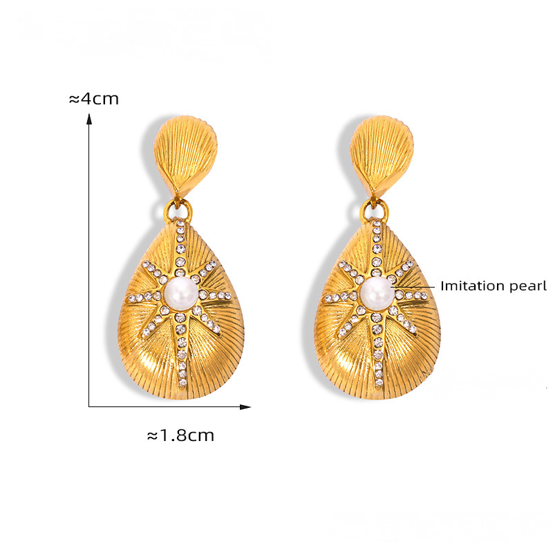 Texture Water Drop Shape Star Pattern Inlay Imitation Pearl Ring Earring Necklace Jewelry Suit