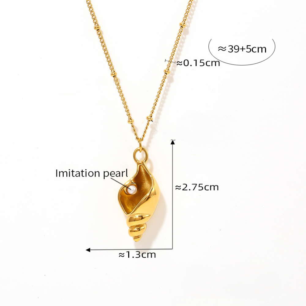 Stainless Steel Conch Inlay Imitation Pearl Pendant Necklace