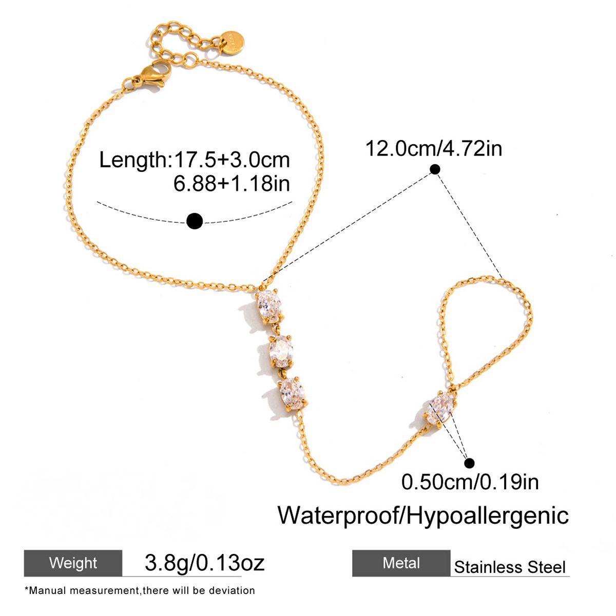 Stainless Steel Heart Cubic Zirconia Hand Chain Stackable Bracelet
